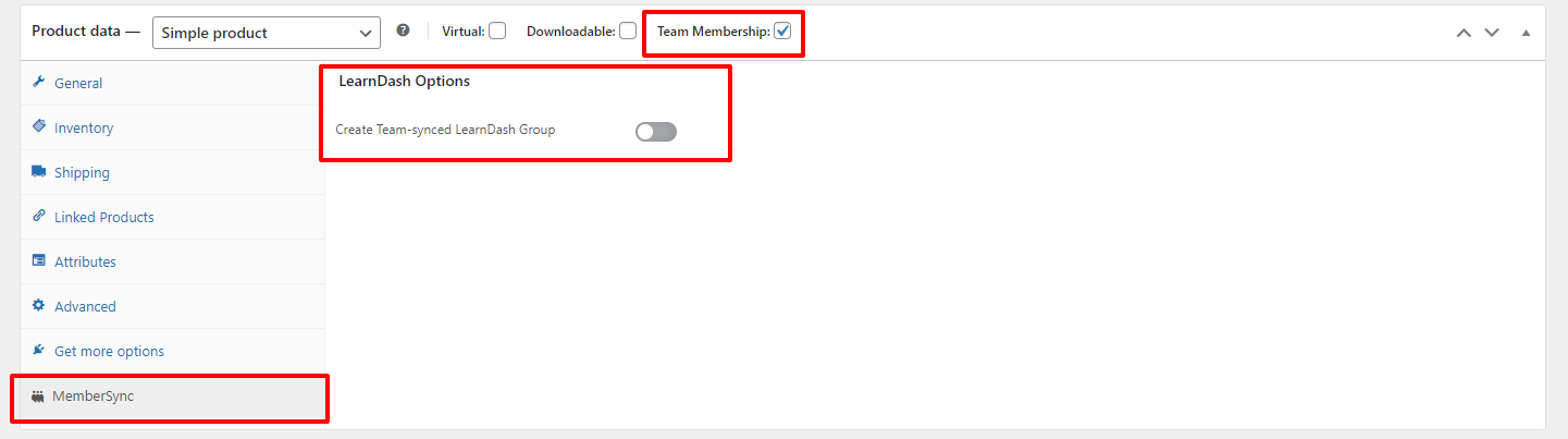 MemberSync learnDash options on product